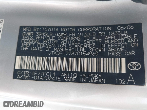 2007 Scion tC Spec with VIN JTKDE177870154969, listed as a IAAI auction lot 42125185 with 255,027 mi miles. Bid and sale history available at carsss.com. Image 9.
