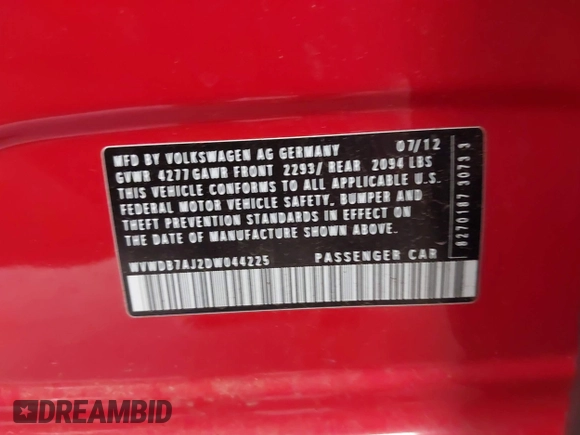 2013 Volkswagen Golf w/Conv with VIN WVWDB7AJ2DW044225, listed as a IAAI auction lot 42611119 with 119,679 mi miles and . Bid and sale history available at DreamBid. Image 9.