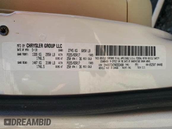 2010 Chrysler Town & Country Limited with VIN 2A4RR7DX7AR353480, listed as a Copart auction lot 87280594 with 191,983 mi miles and Salvage Title. Bid and sale history available at carsss.com. Image 13.