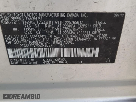 2012 Toyota RAV4 with VIN 2T3BF4DV7CW246337, listed as a Copart auction lot 59856245 with Not provided miles and Salvage title. Bid and sale history available at DreamBid. Image 13.