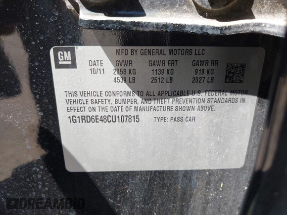 2012 Chevrolet Volt with VIN 1G1RD6E48CU107815, listed as a IAAI auction lot 41847800 with 74,421 mi miles and . Bid and sale history available at carsss.com. Image 9.