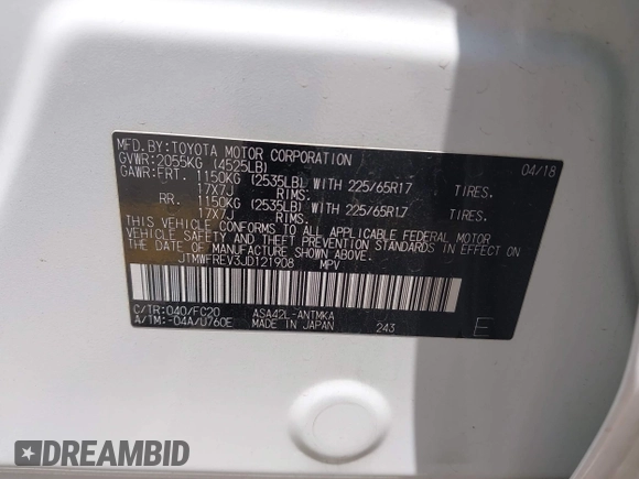 2018 Toyota RAV4 XLE с VIN JTMWFREV3JD121908, выставлен на аукционе IAAI как лот 42140675 с пробегом 114 819 миль миль и . История ставок и продаж доступна на DreamBid. Изображение 9.