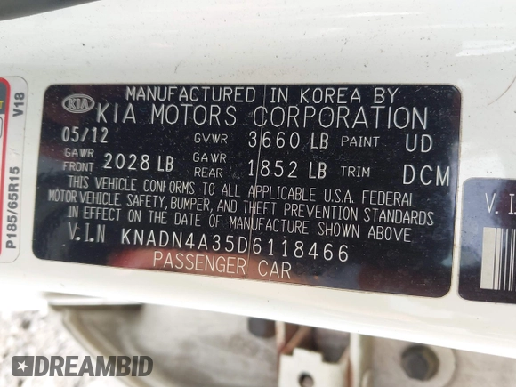 2013 Kia Rio EX with VIN KNADN4A35D6118466, listed as a IAAI auction lot 42654356 with 142,642 mi miles and . Bid and sale history available at DreamBid. Image 9.