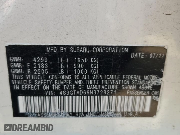 2022 Subaru Impreza Premium z VIN 4S3GTAD69N3728271, wystawiony jako Copart lot #59369425 z przebiegiem Nie podano mil oraz Nie do naprawy • Non repairable. Historia ofert i sprzedaży dostępna na DreamBid. Obrazek 13.