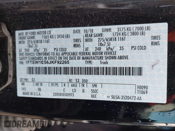 2018 Ford F-150 XL with VIN 1FTEW1E56JKF92265, listed as a IAAI auction lot 42285305 with 95,712 mi miles and . Bid and sale history available at DreamBid. Image 9.