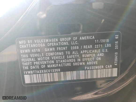 2016 Volkswagen Passat 1.8T SE with VIN 1VWBT7A3XGC013359, listed as a Copart auction lot 78954944 with 163,744 mi miles and Clean Title. Bid and sale history available at carsss.com. Image 12.
