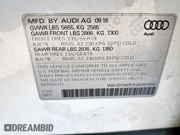 2017 Audi Q5 Premium Plus with VIN WA1D7AFP2HA050650, listed as a Copart auction lot 58150385 with 134,966 mi miles and Clean title. Bid and sale history available at DreamBid. Image 13.