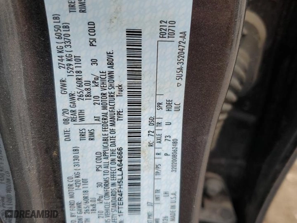 2020 Ford Ranger XL with VIN 1FTER4FH5LLA64666, listed as a Copart auction lot 44830535 with 57,182 mi miles and Salvage Title. Bid and sale history available at carsss.com. Image 14.