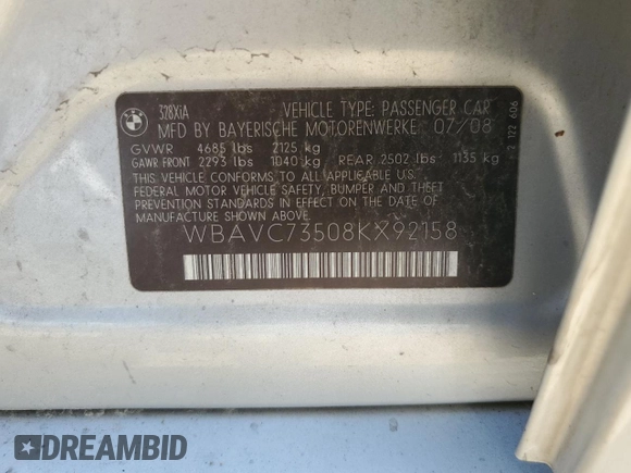 2008 BMW 3 Series 328xi with VIN WBAVC73508KX92158, listed as a Copart auction lot 61640585 with 168,101 mi miles and Salvage title. Bid and sale history available at DreamBid. Image 12.
