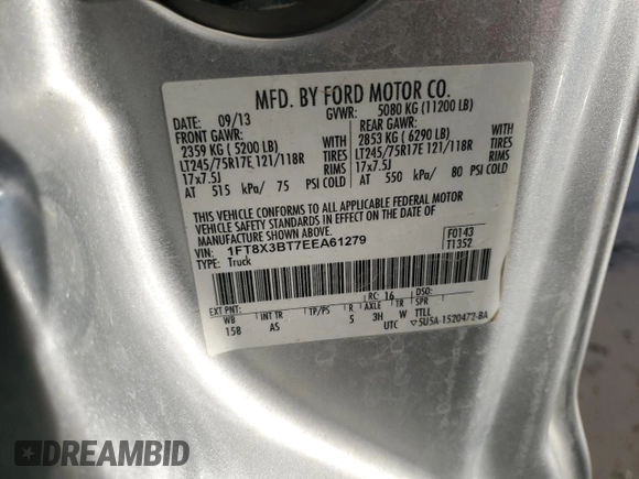 2014 Ford F-350 XL with VIN 1FT8X3BT7EEA61279, listed as a Copart auction lot 43035235 with 258,391 mi miles and Clean title. Bid and sale history available at DreamBid. Image 12.