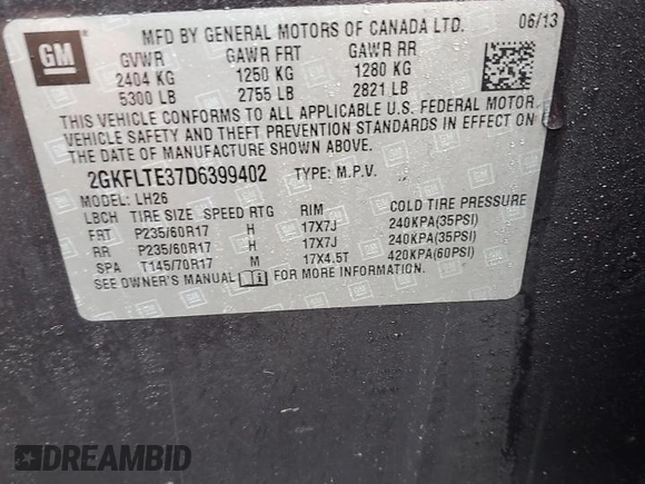 2013 GMC Terrain SLE with VIN 2GKFLTE37D6399402, listed as a Copart auction lot 45202395 with 123,529 mi miles and Salvage Title. Bid and sale history available at DreamBid. Image 13.