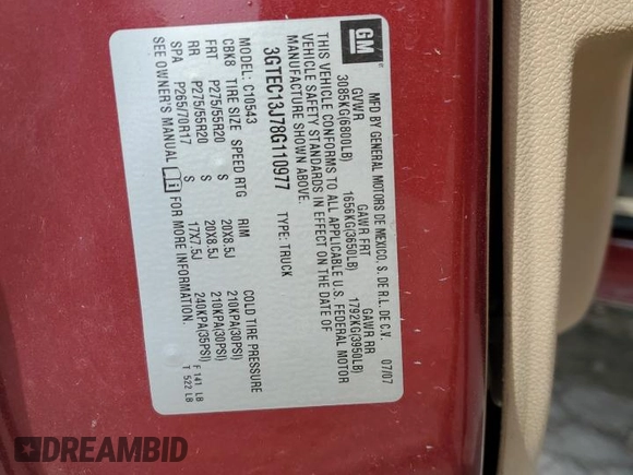 2008 GMC Sierra 1500 SLE1 z VIN 3GTEC13J78G110977, wystawiony jako Copart lot #55652325 z przebiegiem Nie podano mil oraz Tytuł czysty. Historia ofert i sprzedaży dostępna na DreamBid. Obrazek 12.