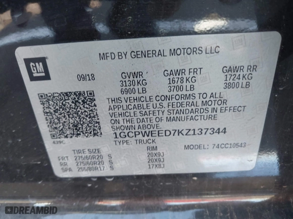 2019 Chevrolet Silverado 1500 LTZ with VIN 1GCPWEED7KZ137344, listed as a IAAI auction lot 42022949 with 55,947 mi miles. Bid and sale history available at carsss.com. Image 9.
