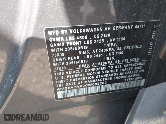 2012 Volkswagen Tiguan SE с VIN WVGAV7AX0CW002287, выставлен на аукционе IAAI как лот 42738450 с пробегом 131 121 миль миль и . История ставок и продаж доступна на DreamBid. Изображение 9.