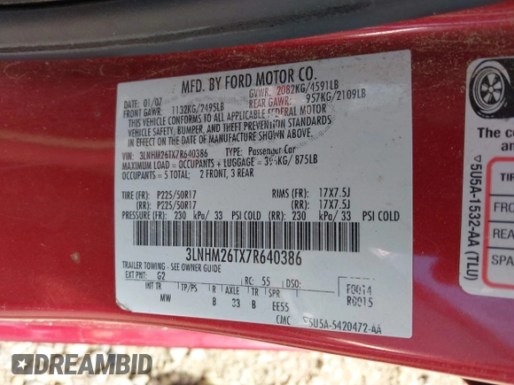2007 Lincoln MKZ with VIN 3LNHM26TX7R640386, listed as a IAAI auction lot 41794717 with 166,907 mi miles. Bid and sale history available at carsss.com. Image 9.