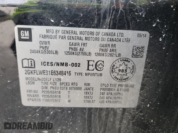2014 GMC Terrain SLE with VIN 2GKFLWE31E6348416, listed as a Copart auction lot 49108115 with 136,982 mi miles and Salvage title. Bid and sale history available at DreamBid. Image 15.