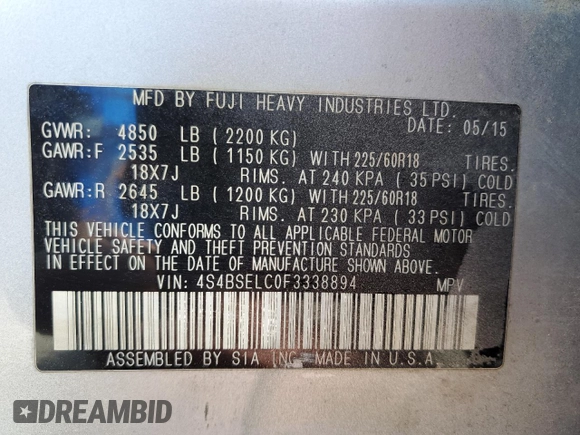 2015 Subaru Outback Limited with VIN 4S4BSELC0F3338894, listed as a Copart auction lot 59800585 with 67,651 mi miles and Salvage title. Bid and sale history available at DreamBid. Image 14.