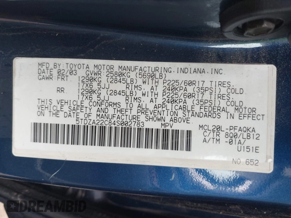 2004 Toyota Sienna XLE with VIN 5TDZA22C84S002783, listed as a IAAI auction lot 41780891 with 169,723 mi miles and . Bid and sale history available at carsss.com. Image 9.