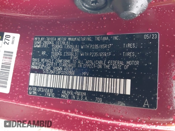 2023 Toyota Sienna XLE with VIN 5TDJSKFC8PS090968, listed as a IAAI auction lot 42736722 with 24,267 mi miles and . Bid and sale history available at DreamBid. Image 9.