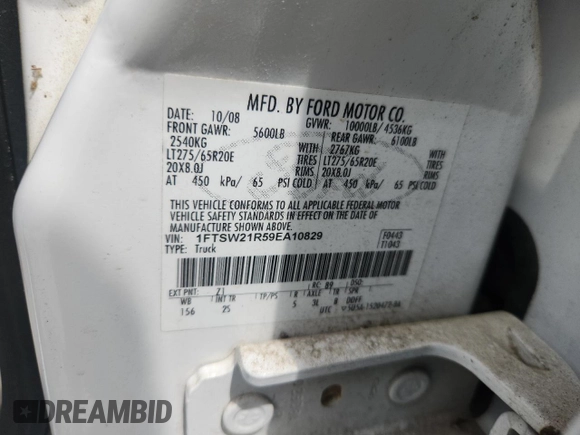 2009 Ford F-250 XL с VIN 1FTSW21R59EA10829, выставлен на аукционе Copart как лот 63988785 с пробегом 120 558 миль миль и Чистый • Clean title. История ставок и продаж доступна на DreamBid. Изображение 12.