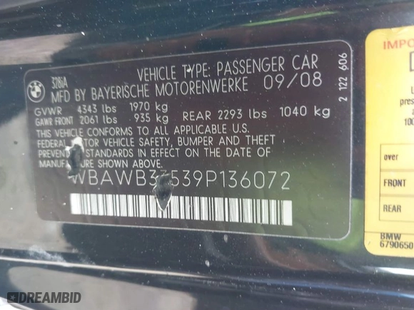 2009 BMW 3 Series 328i with VIN WBAWB33539P136072, listed as a IAAI auction lot 41380104 with 136,983 mi miles. Bid and sale history available at carsss.com. Image 9.