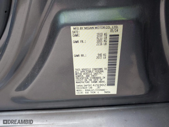 2014 Nissan Altima 2.5 SV with VIN 1N4AL3AP3EC426902, listed as a IAAI auction lot 42010417 with 200,050 mi miles. Bid and sale history available at carsss.com. Image 9.