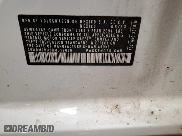 2024 Volkswagen Jetta Sport with VIN 3VWBM7BU3RM012060, listed as a Copart auction lot 53285965 with 21,300 mi miles and Salvage title. Bid and sale history available at DreamBid. Image 13.