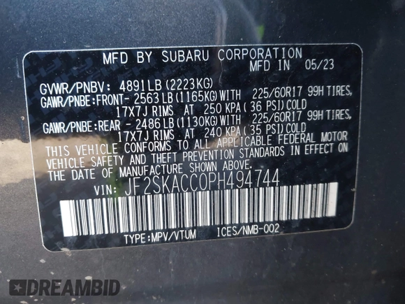 2023 Subaru Forester with VIN JF2SKACC0PH494744, listed as a IAAI auction lot 41133070 with 21,883 mi miles and . Bid and sale history available at DreamBid. Image 9.