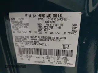2014 Ford F-150 XL with VIN 1FTMF1EM8EKE03723, listed as a IAAI auction lot 41323405 with 176,478 mi miles and . Bid and sale history available at DreamBid. Image 9.