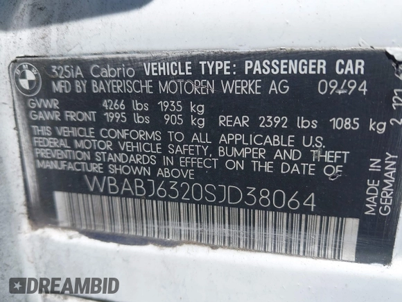 1995 BMW 3 Series 325i with VIN WBABJ6320SJD38064, listed as a IAAI auction lot 42671067 with 115,590 mi miles and . Bid and sale history available at DreamBid. Image 9.