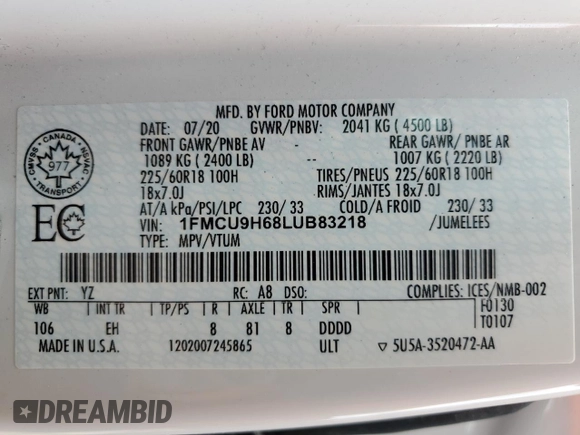 2020 Ford Escape SEL с VIN 1FMCU9H68LUB83218, выставлен на аукционе Copart как лот 59415395 с пробегом 40 712 миль миль и Списание • Salvage title. История ставок и продаж доступна на DreamBid. Изображение 12.