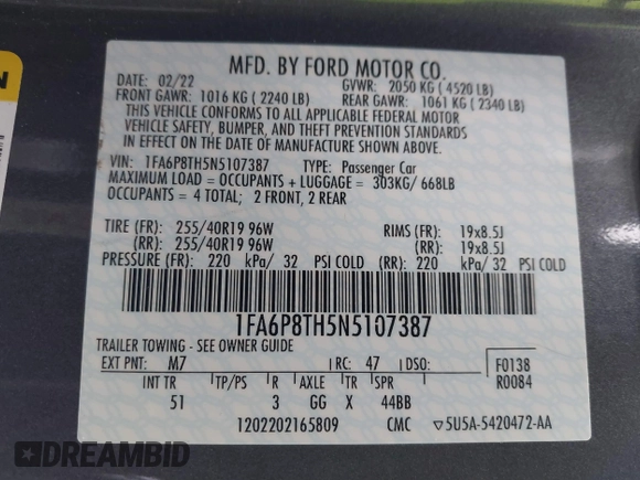 2022 Ford Mustang EcoBoost with VIN 1FA6P8TH5N5107387, listed as a IAAI auction lot 41271109 with 32,816 mi miles. Bid and sale history available at carsss.com. Image 9.
