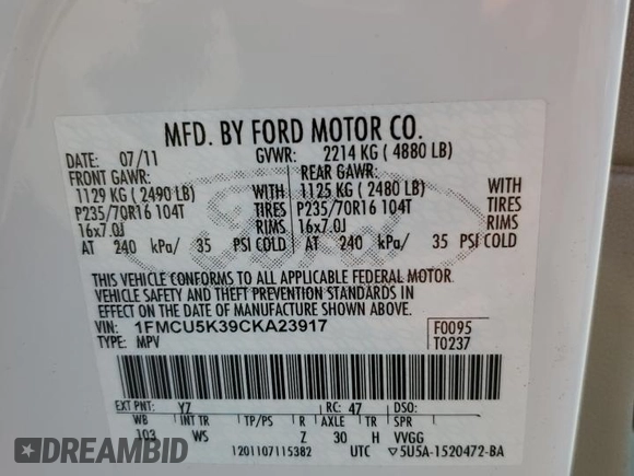 2012 Ford Escape Hybrid with VIN 1FMCU5K39CKA23917, listed as a Copart auction lot 42337565 with 20,818 mi miles and Non repairable. Bid and sale history available at DreamBid. Image 12.