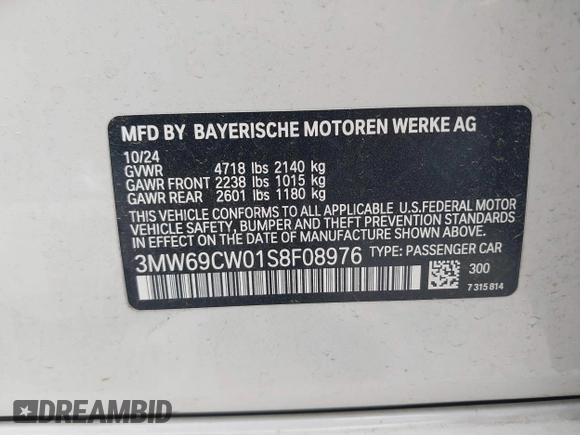 2025 BMW 3 Series 330i with VIN 3MW69CW01S8F08976, listed as a IAAI auction lot 41926214 with 12,103 mi miles and . Bid and sale history available at carsss.com. Image 9.