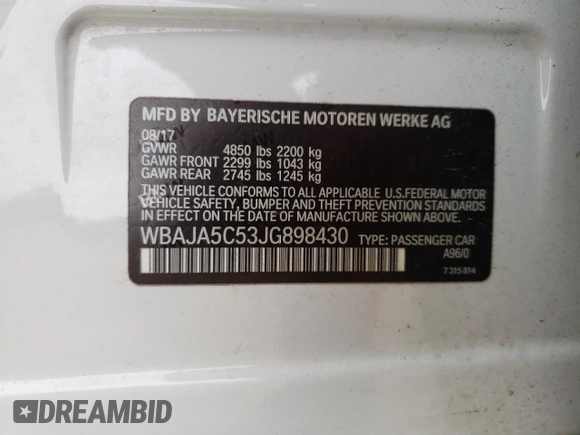 2018 BMW 5 Series 530i with VIN WBAJA5C53JG898430, listed as a Copart auction lot 54243195 with 129,854 mi miles and Salvage title. Bid and sale history available at DreamBid. Image 12.
