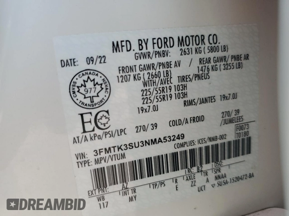 2022 Ford Mustang Mach-E Premium z VIN 3FMTK3SU3NMA53249, wystawiony jako Copart lot #58983555 z przebiegiem 68 909 mil mil oraz Szkoda całkowita • Salvage title. Historia ofert i sprzedaży dostępna na DreamBid. Obrazek 12.