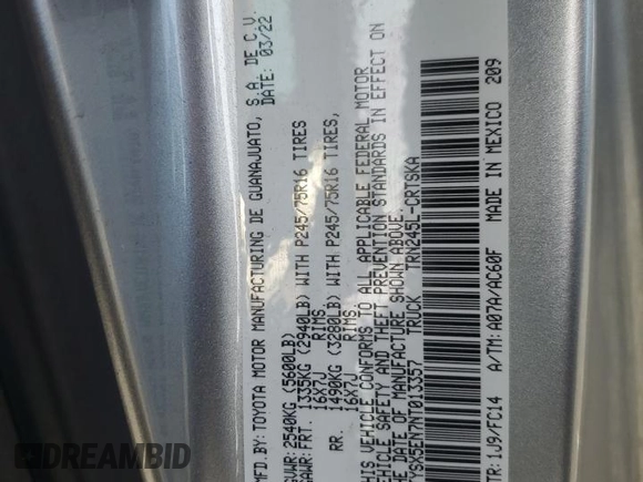2022 Toyota Tacoma SR with VIN 3TYSX5EN7NT013357, listed as a Copart auction lot 53474295 with 49,988 mi miles and Salvage title. Bid and sale history available at DreamBid. Image 13.