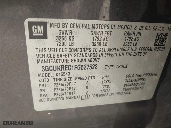 2015 Chevrolet Silverado 1500 LT with VIN 3GCUKREC1FG527522, listed as a IAAI auction lot 41498803 with NaN miles. Bid and sale history available at carsss.com. Image 9.