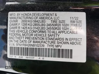 2022 Honda Pilot Special Edition with VIN 5FNYF6H26NB102339, listed as a IAAI auction lot 41194432 with 54,121 mi miles. Bid and sale history available at carsss.com. Image 9.