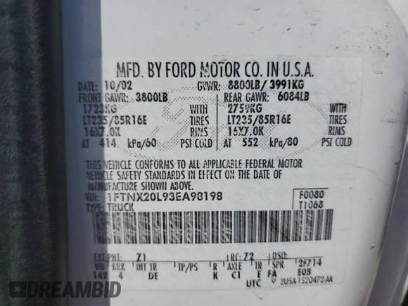 2003 Ford F-250 XL с VIN 1FTNX20L93EA98198, выставлен на аукционе Copart как лот 54366535 с пробегом 210 204 миль миль и Списание • Salvage title. История ставок и продаж доступна на DreamBid. Изображение 12.