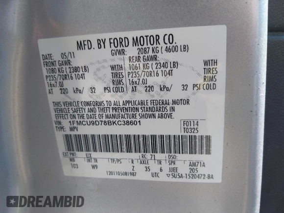 2011 Ford Escape XLT with VIN 1FMCU9D78BKC38601, listed as a IAAI auction lot 42784452 with 173,678 mi miles and . Bid and sale history available at DreamBid. Image 9.