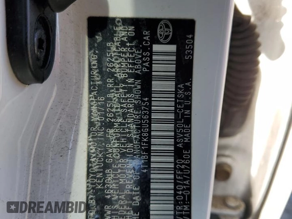2016 Toyota Camry XLE with VIN 4T1BF1FK8GU563754, listed as a Copart auction lot 48964615 with 121,473 mi miles and Salvage Title. Bid and sale history available at DreamBid. Image 12.
