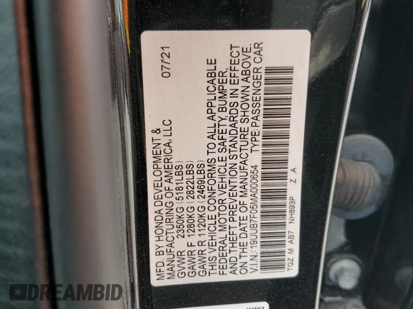 2021 Acura TLX Type S with VIN 19UUB7F05MA000654, listed as a Copart auction lot 46806005 with 65,022 mi miles and Salvage Title. Bid and sale history available at carsss.com. Image 12.