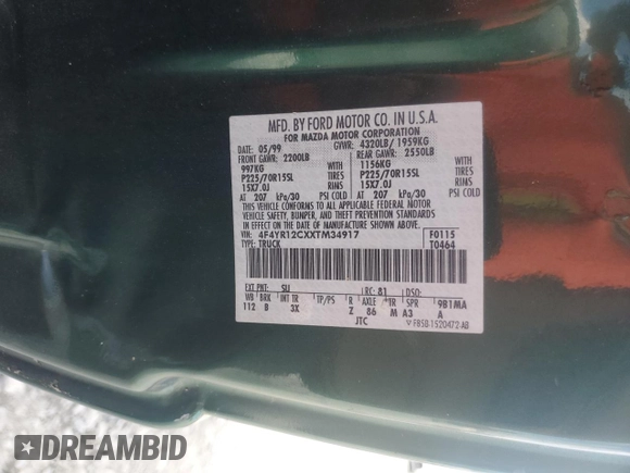 1999 Mazda B-Series Truck SX z VIN 4F4YR12CXXTM34917, wystawiony jako Copart lot #50821635 z przebiegiem 121 165 mil mil oraz Szkoda całkowita • Salvage title. Historia ofert i sprzedaży dostępna na DreamBid. Obrazek 12.