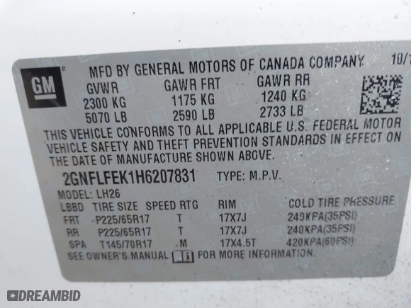 2017 Chevrolet Equinox LT with VIN 2GNFLFEK1H6207831, listed as a IAAI auction lot 41784528 with 999,999 mi miles. Bid and sale history available at carsss.com. Image 9.