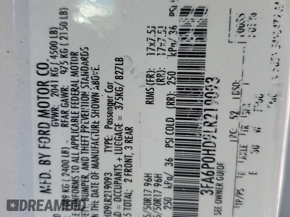 2020 Ford Fusion SE with VIN 3FA6P0HD9LR219093, listed as a Copart auction lot 52421115 with Not Provided miles and Non Repairable. Bid and sale history available at DreamBid. Image 13.