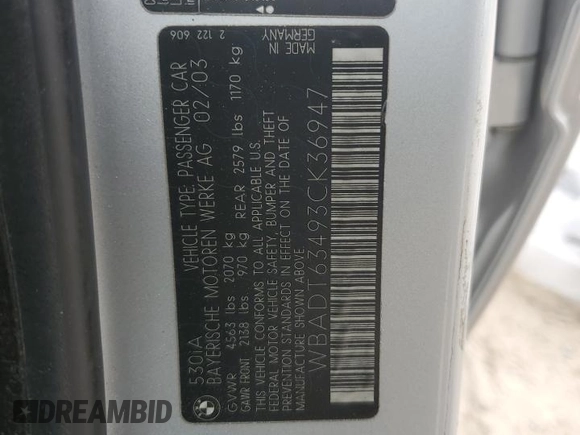 2003 BMW 5 Series 530iA with VIN WBADT63493CK36947, listed as a Copart auction lot 45966845 with 0 mi miles and Salvage Title. Bid and sale history available at carsss.com. Image 12.