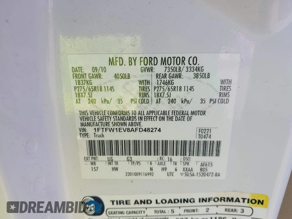 2010 Ford F-150 XL with VIN 1FTFW1EV8AFD48274, listed as a IAAI auction lot 42487429 with 249,774 mi miles and . Bid and sale history available at DreamBid. Image 9.