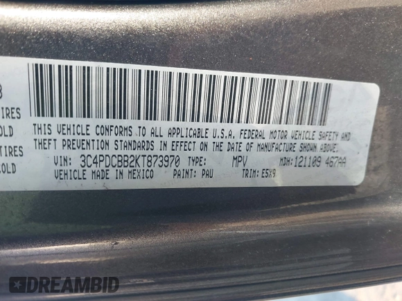 2019 Dodge Journey SE with VIN 3C4PDCBB2KT873970, listed as a IAAI auction lot 41864725 with 91,240 mi miles and . Bid and sale history available at DreamBid. Image 9.
