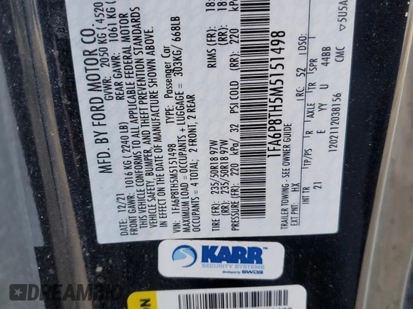 2021 Ford Mustang EcoBoost with VIN 1FA6P8TH5M5151498, listed as a Copart auction lot 45869345 with 56,805 mi miles and Salvage Title. Bid and sale history available at carsss.com. Image 14.